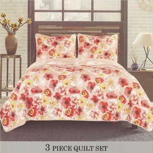 3 Piece Quilted Floral Bedspread Set - Poppy Flowers - Full/Queen and King Size